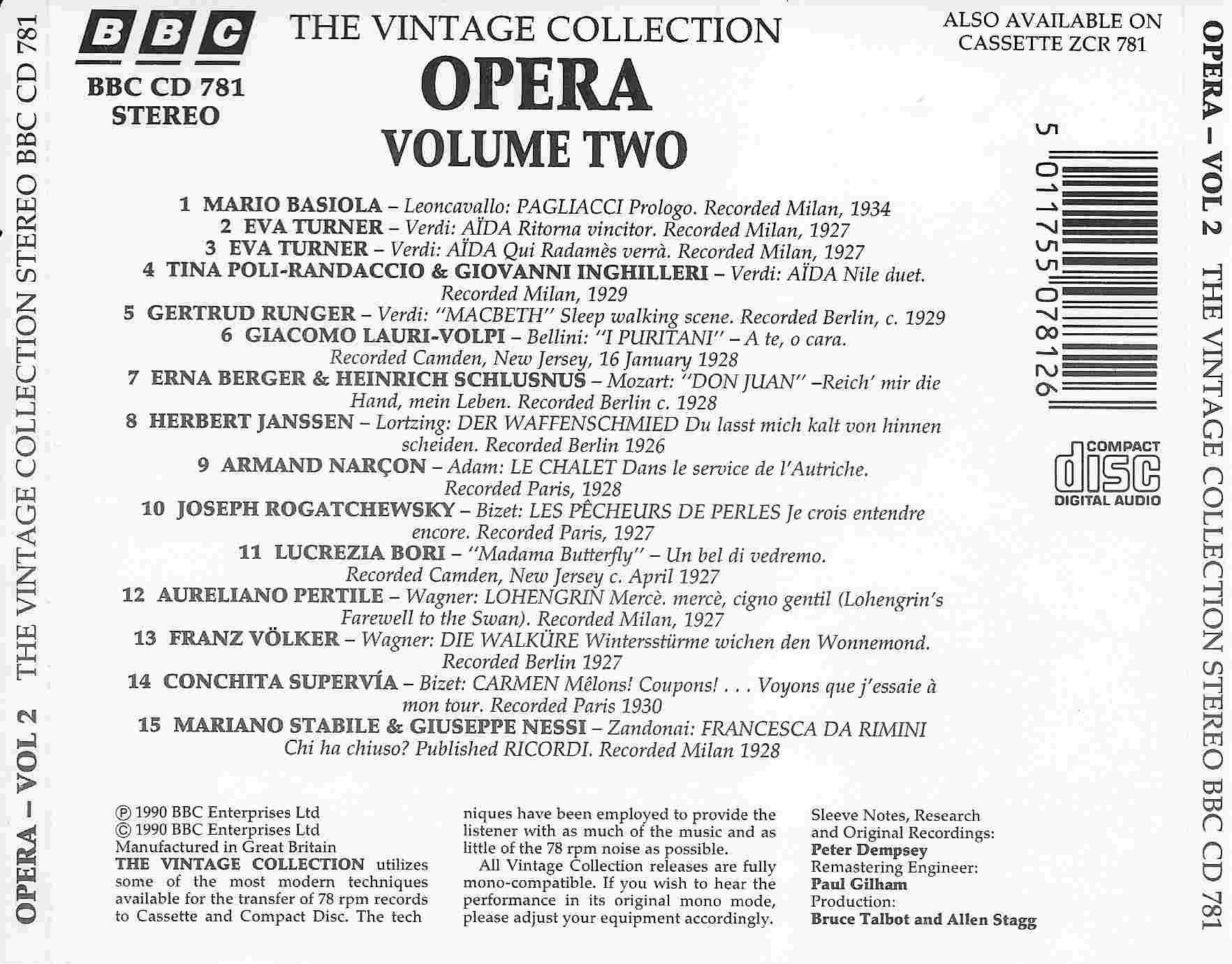 Picture of BBCCD781 The vintage collection - Opera II by artist Various from the BBC records and Tapes library